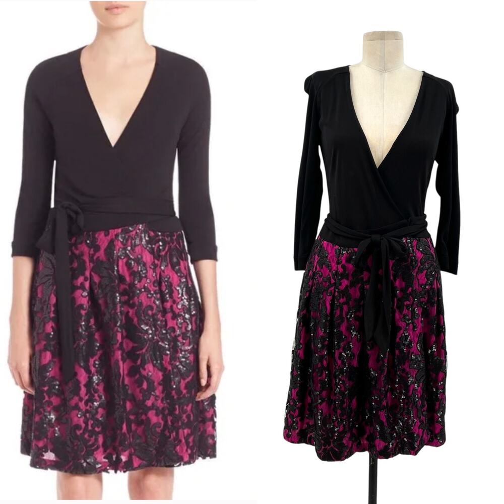 Diane Von Furstenberg Jewel Wrap Dress Floral Embroidered Black Pink Size 8‎